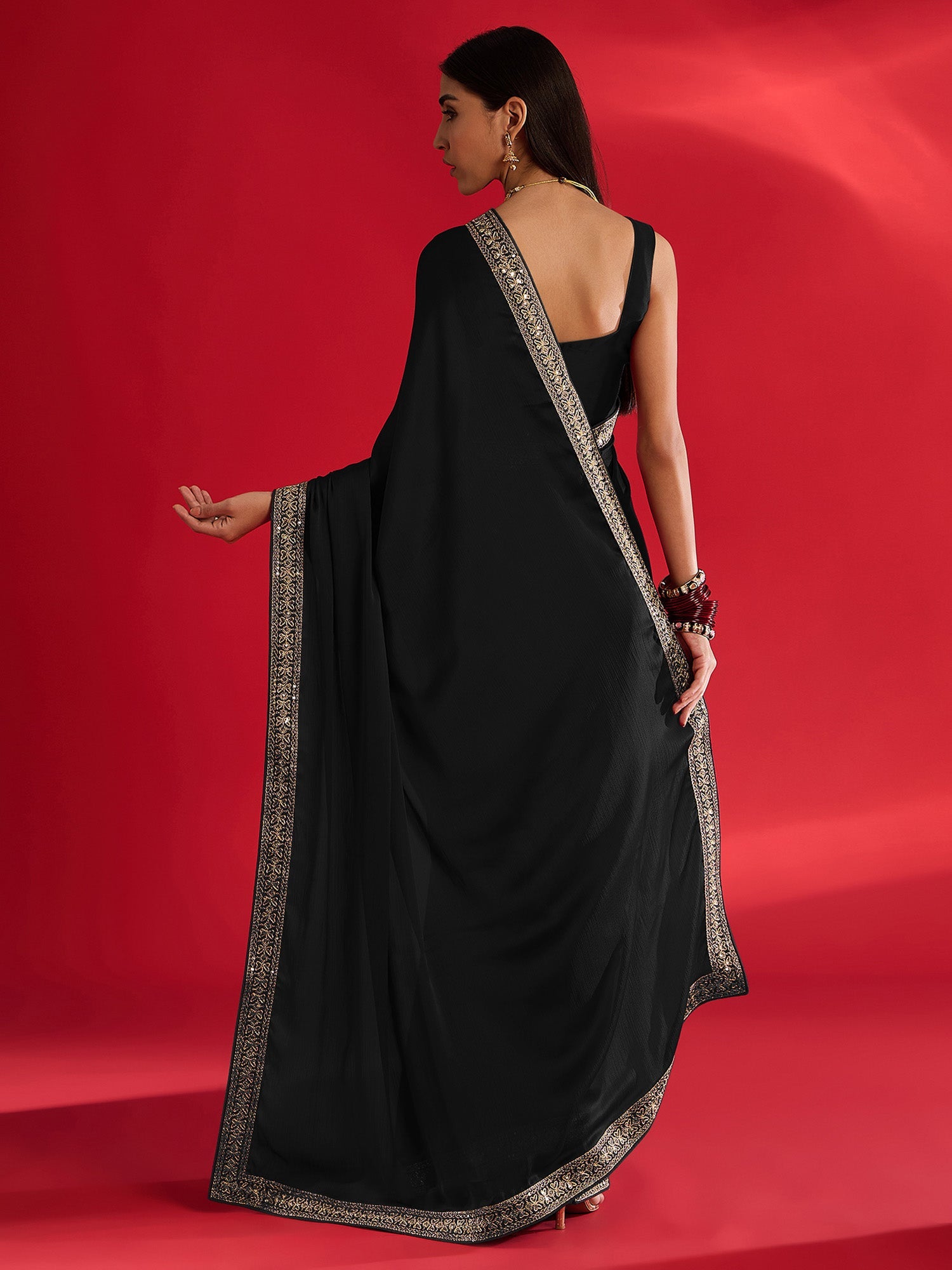 Women's Satin Black Embellished Designer Saree With Blouse Piece