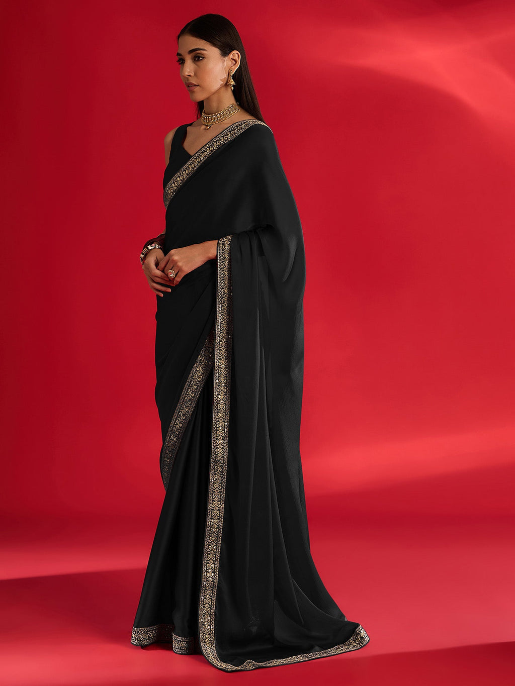 Women's Satin Black Embellished Designer Saree With Blouse Piece