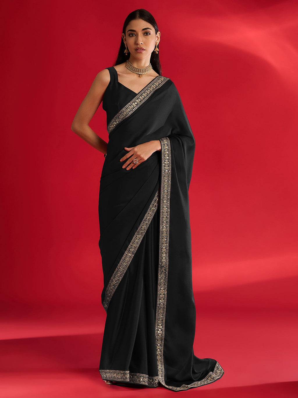 Women's Satin Black Embellished Designer Saree With Blouse Piece