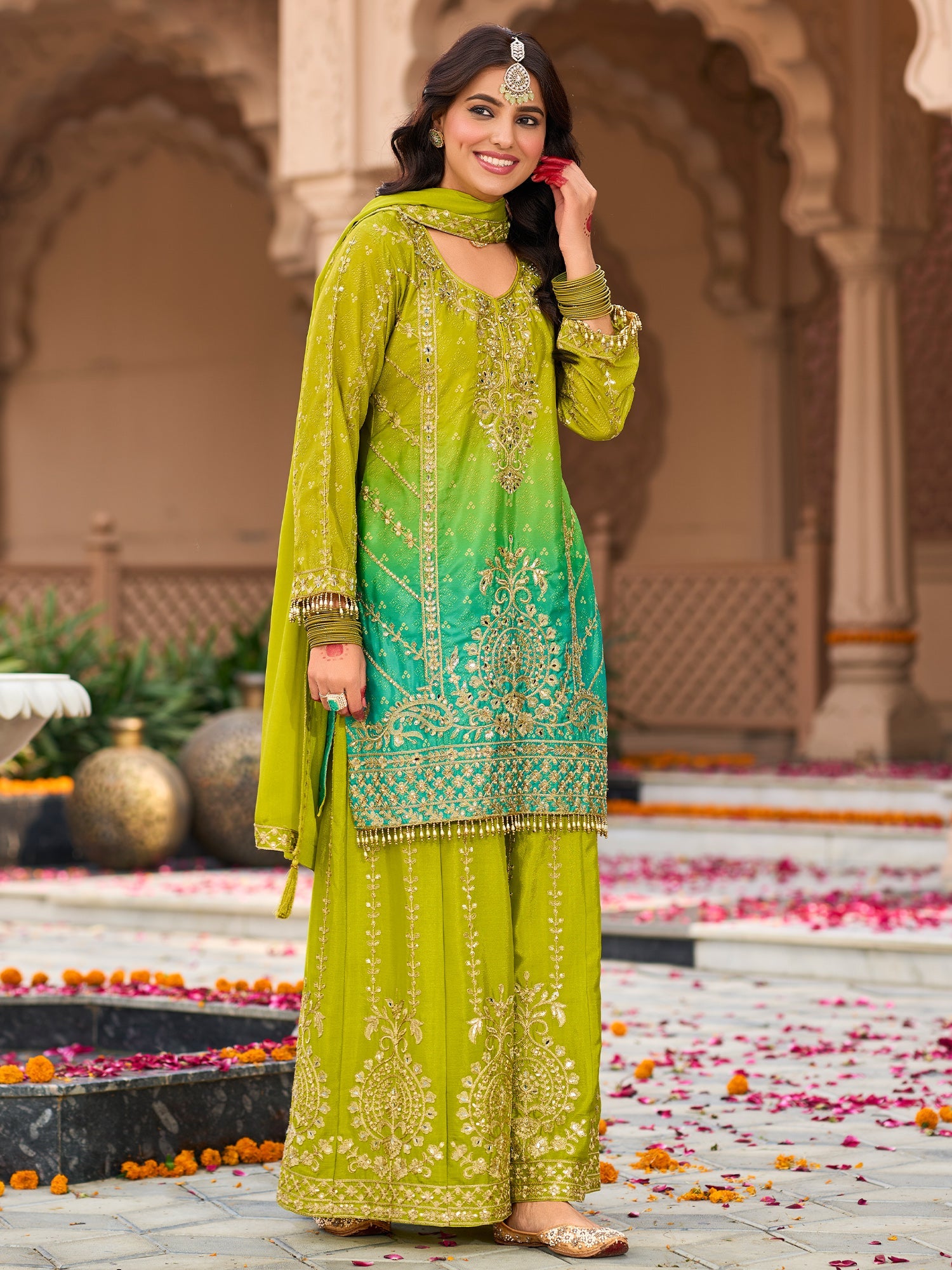 Green Embroidered Straight Kurta Palazzos With Dupatta Set