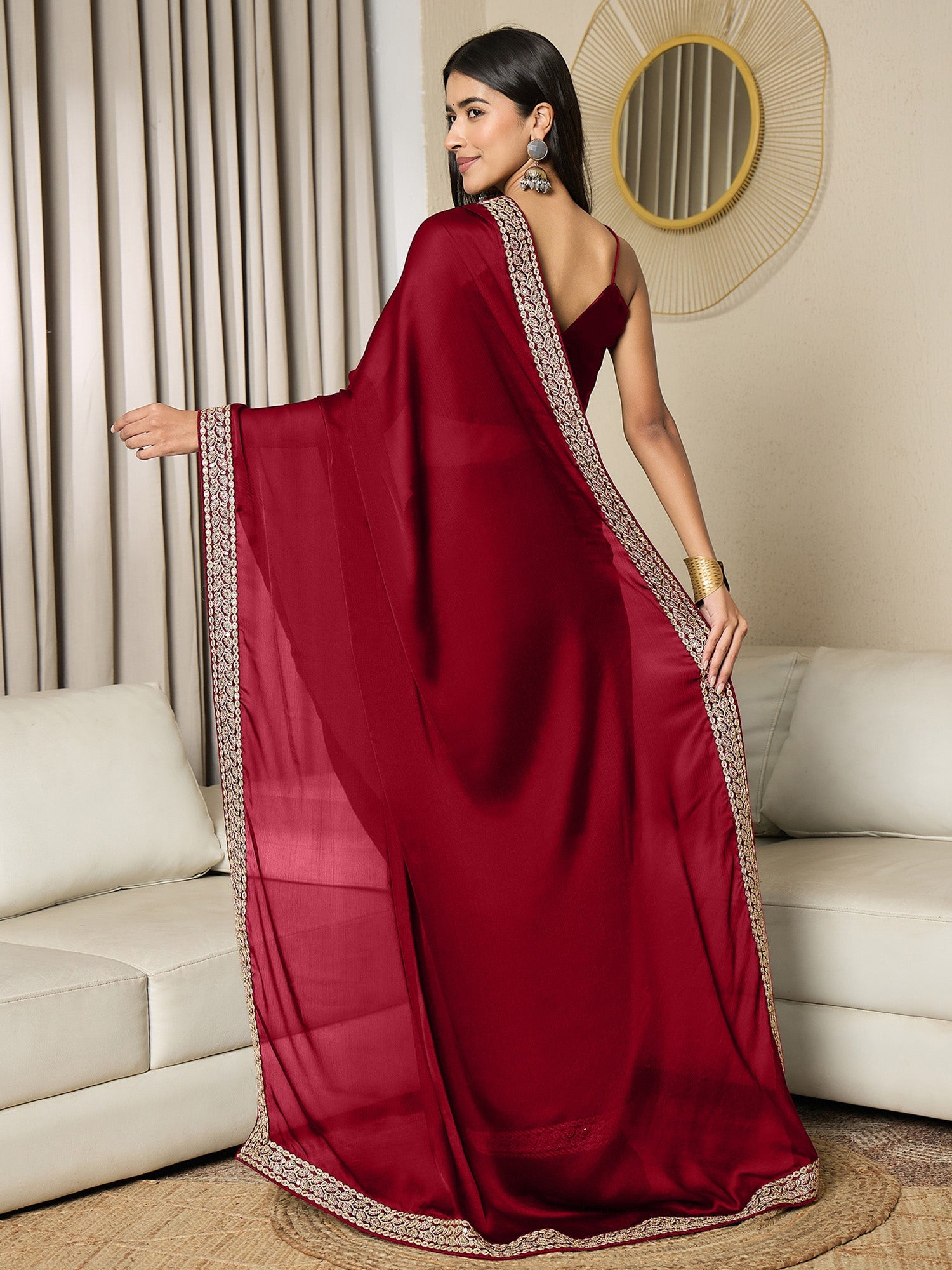 Women's Satin Maroon Embellished Ready to Wear With Blouse Piece