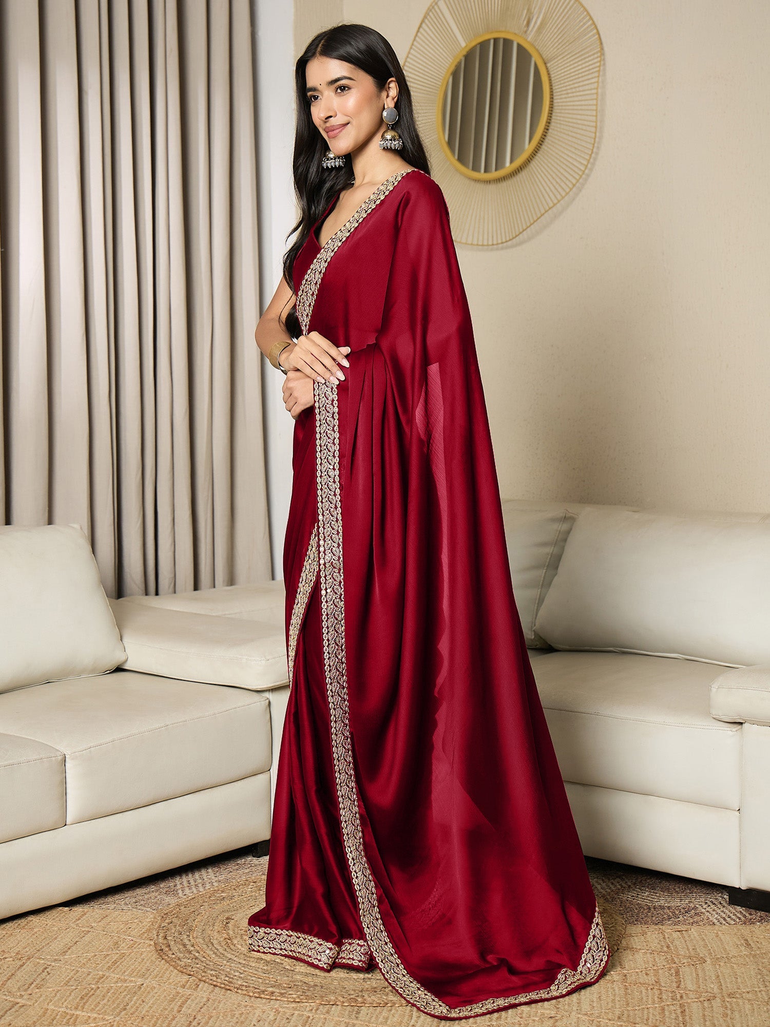 Women's Satin Maroon Embellished Ready to Wear With Blouse Piece