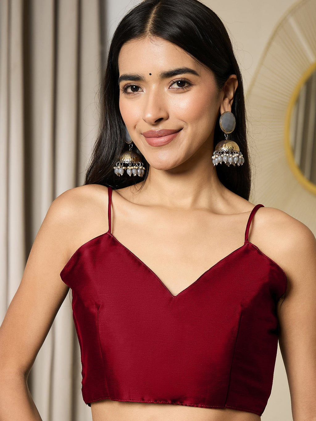 Women's Satin Maroon Embellished Ready to Wear With Blouse Piece