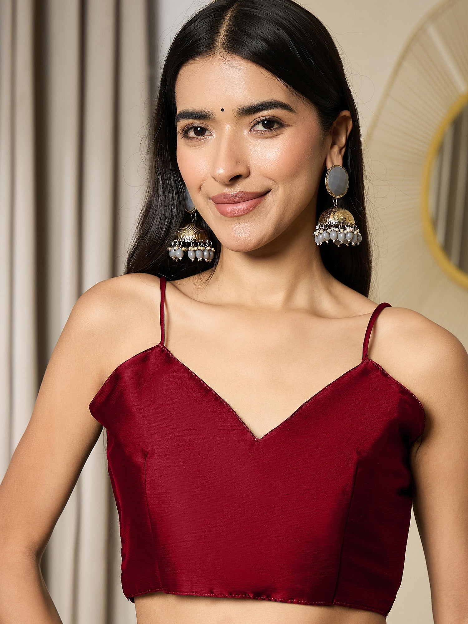 Women's Satin Maroon Embellished Ready to Wear With Blouse Piece