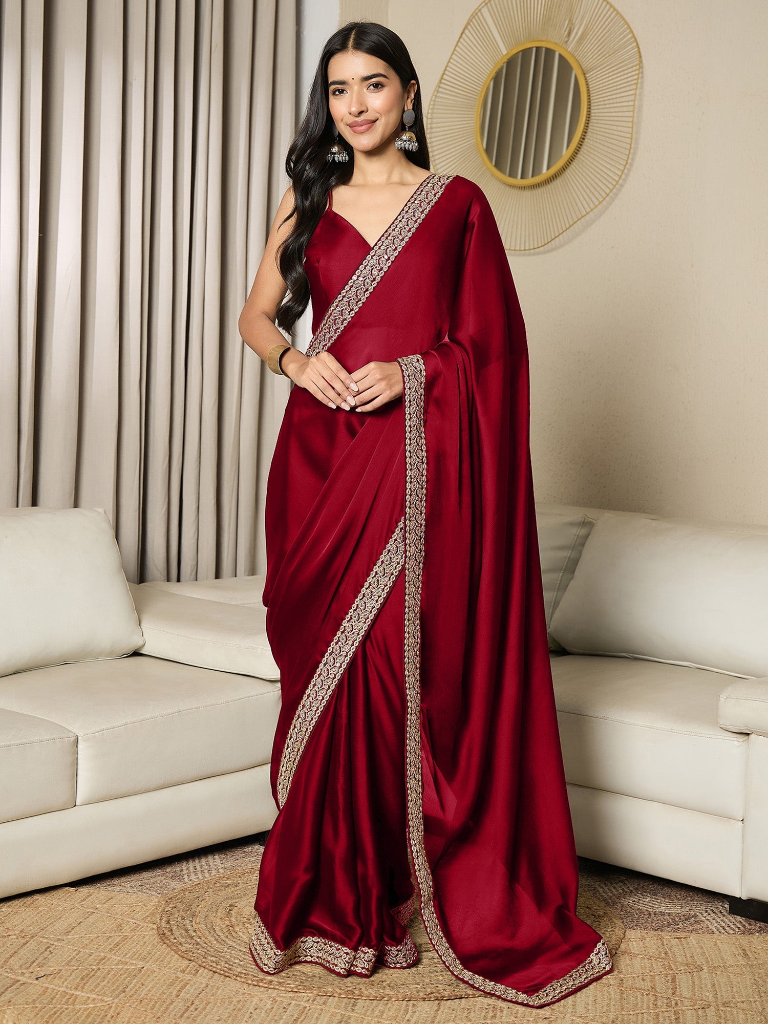 Women's Satin Maroon Embellished Ready to Wear With Blouse Piece