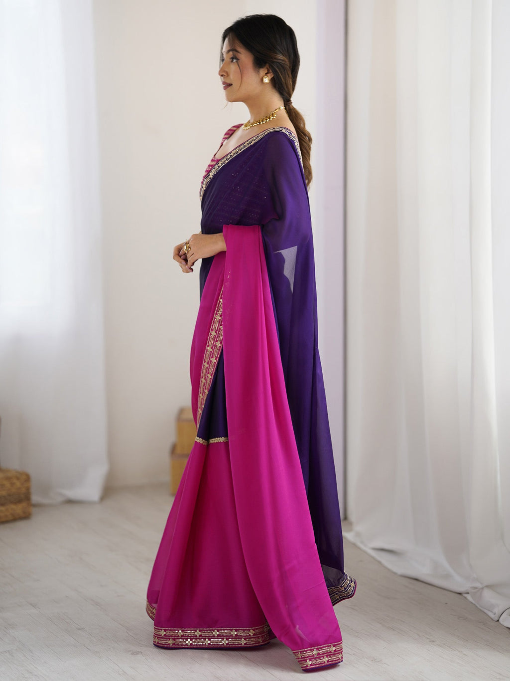 Women's Pure Georgette Pink Half & Half Half and Half With Blouse Piece