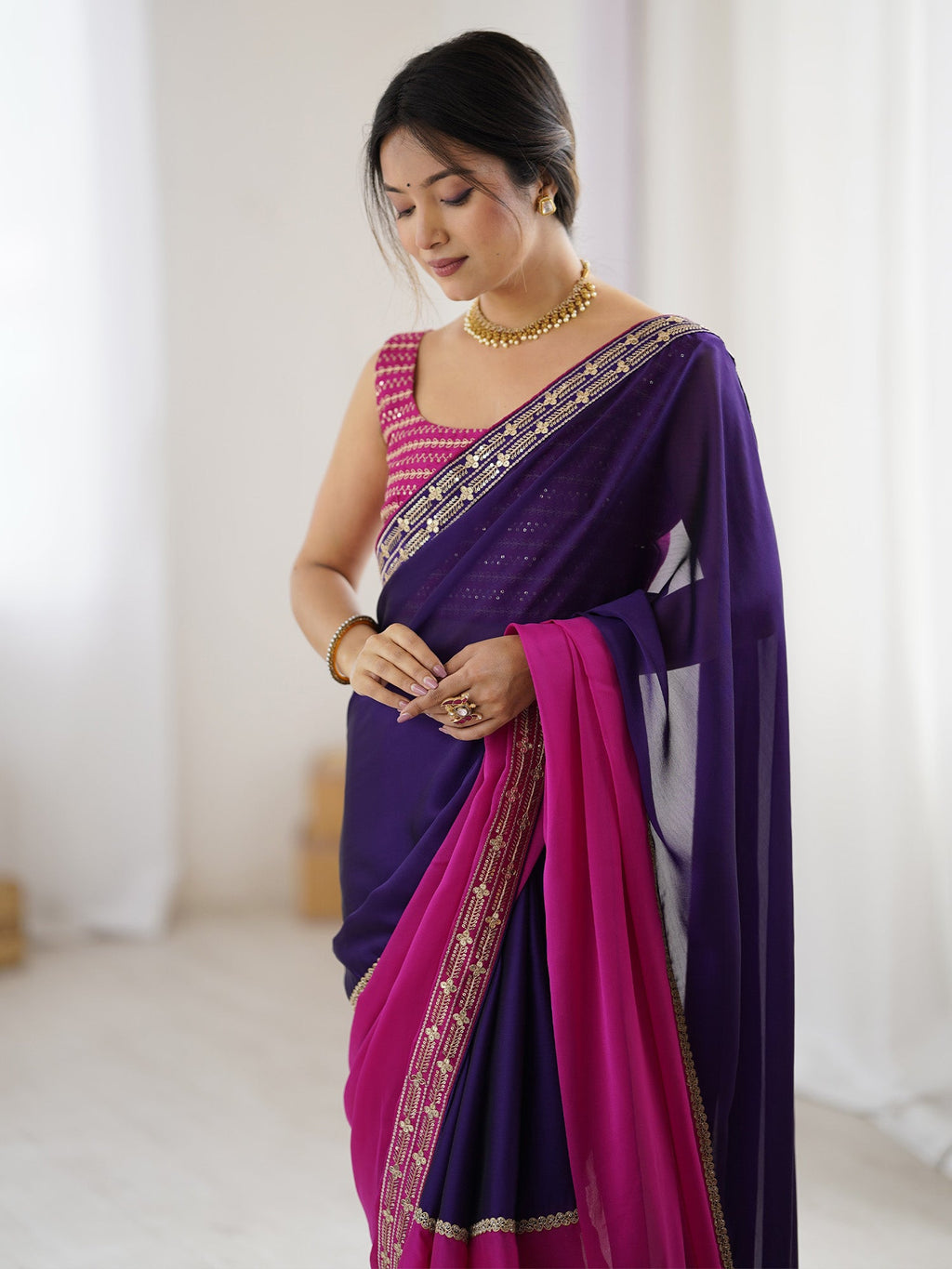 Women's Pure Georgette Pink Half & Half Half and Half With Blouse Piece