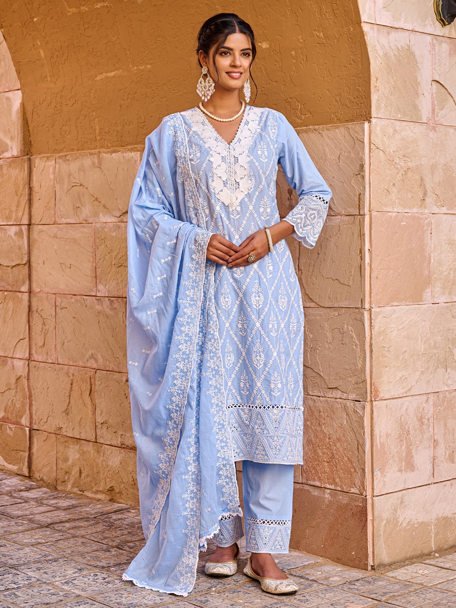 Blue Embroidered Straight Kurta Trousers With Dupatta set