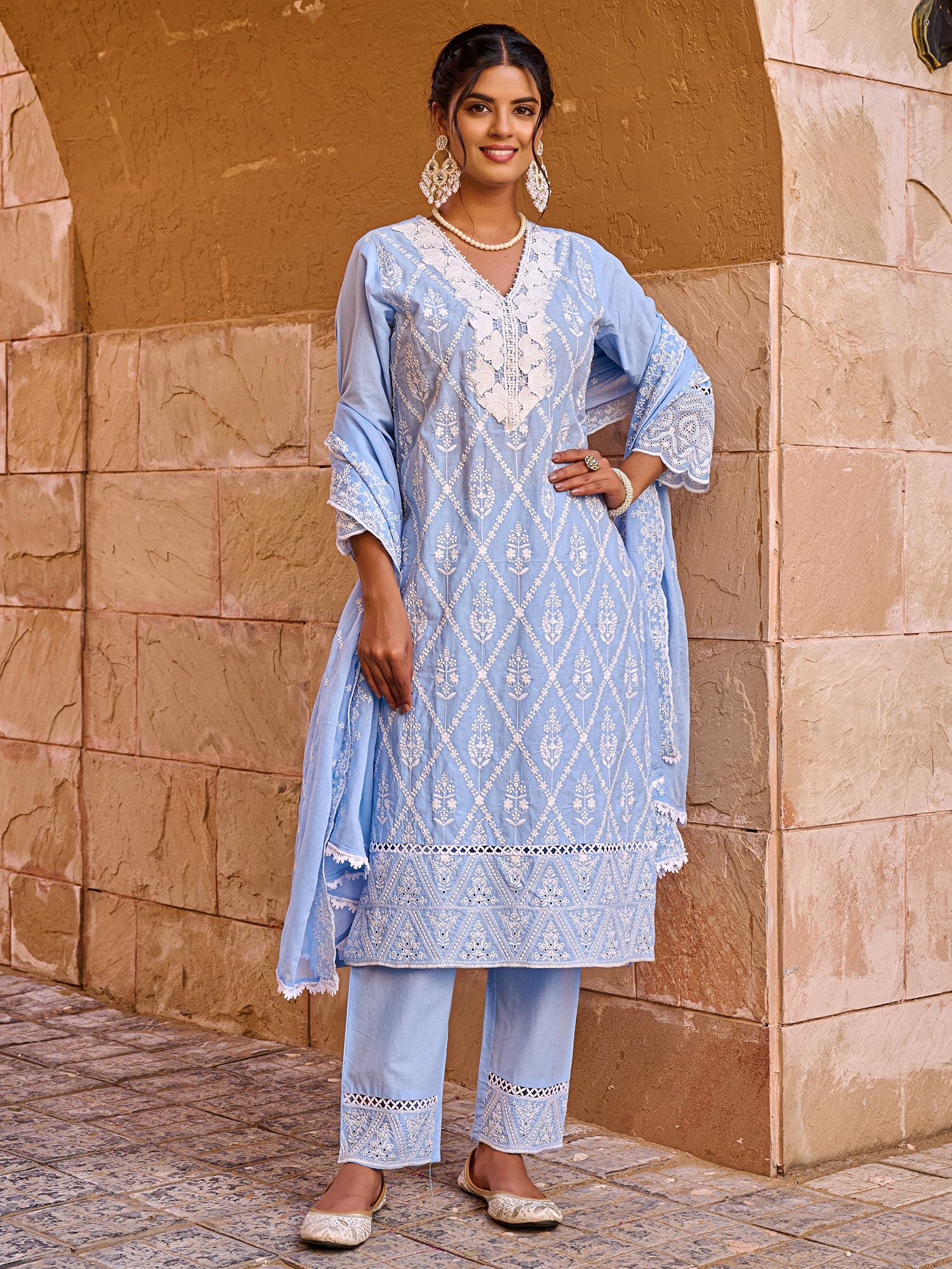 Blue Embroidered Straight Kurta Trousers With Dupatta set
