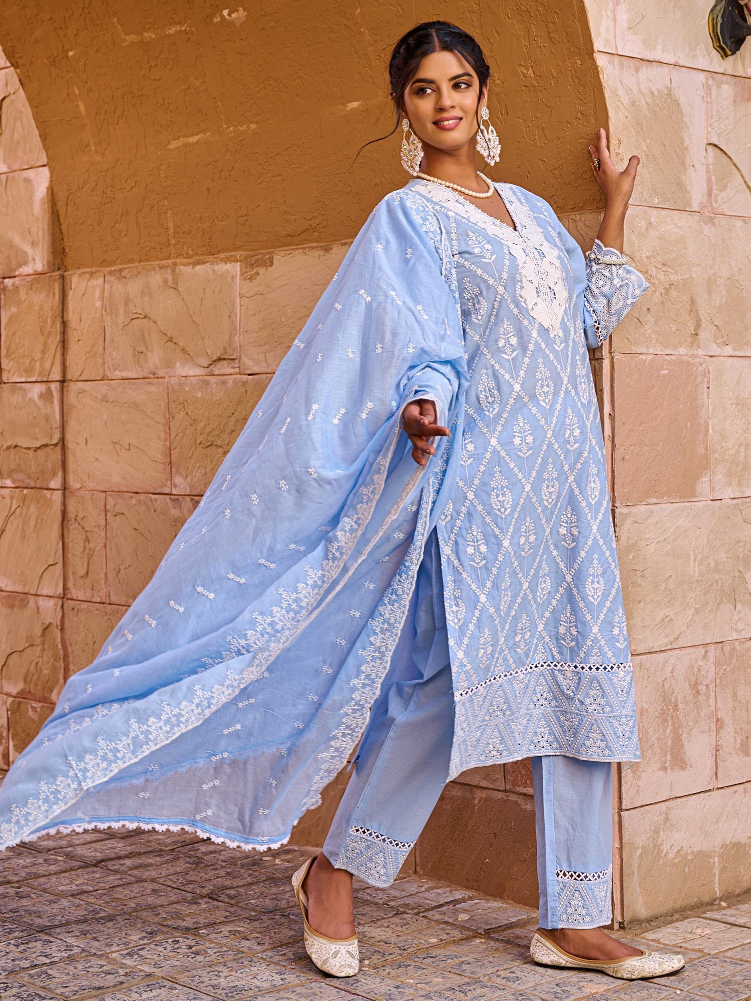 Blue Embroidered Straight Kurta Trousers With Dupatta set