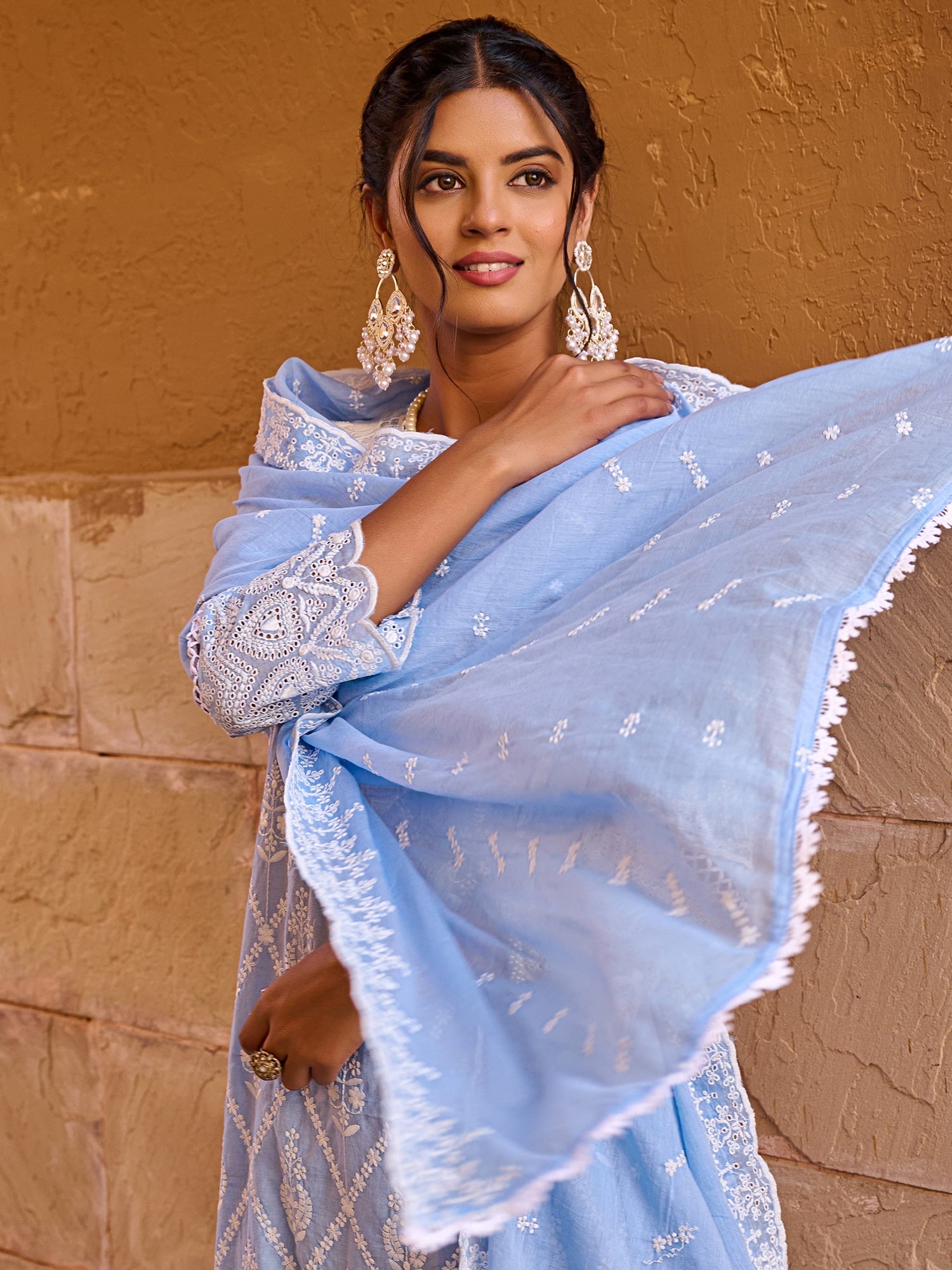 Blue Embroidered Straight Kurta Trousers With Dupatta set