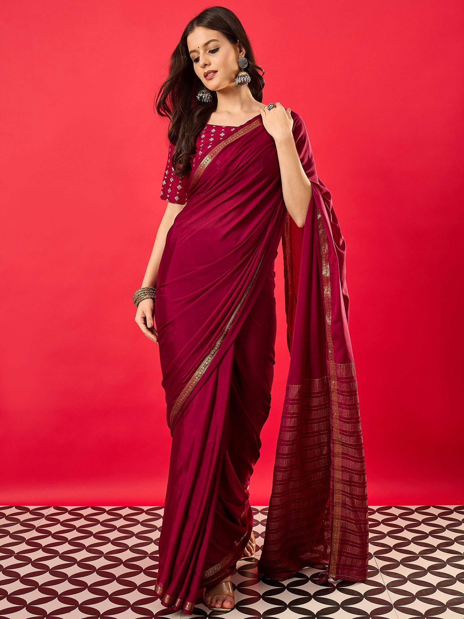 Women's Mysore Silk Burgundy Woven Design Designer Saree With Blouse Piece