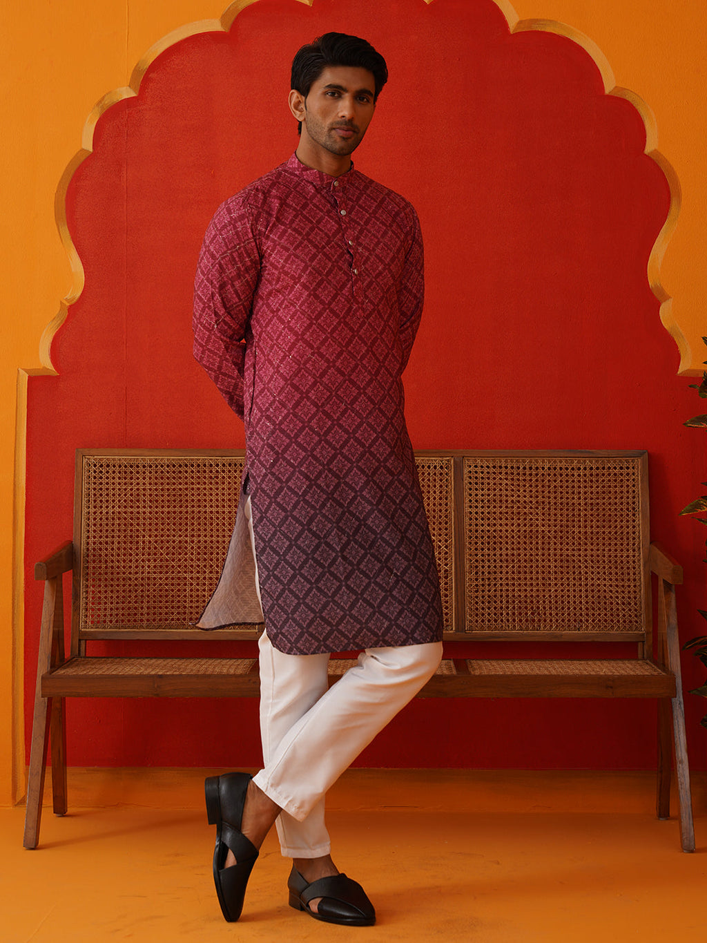 Jompers - Maroon Ombre Printed Kurta Pyjama Set For Men ( JOKP P 5074Maroon )