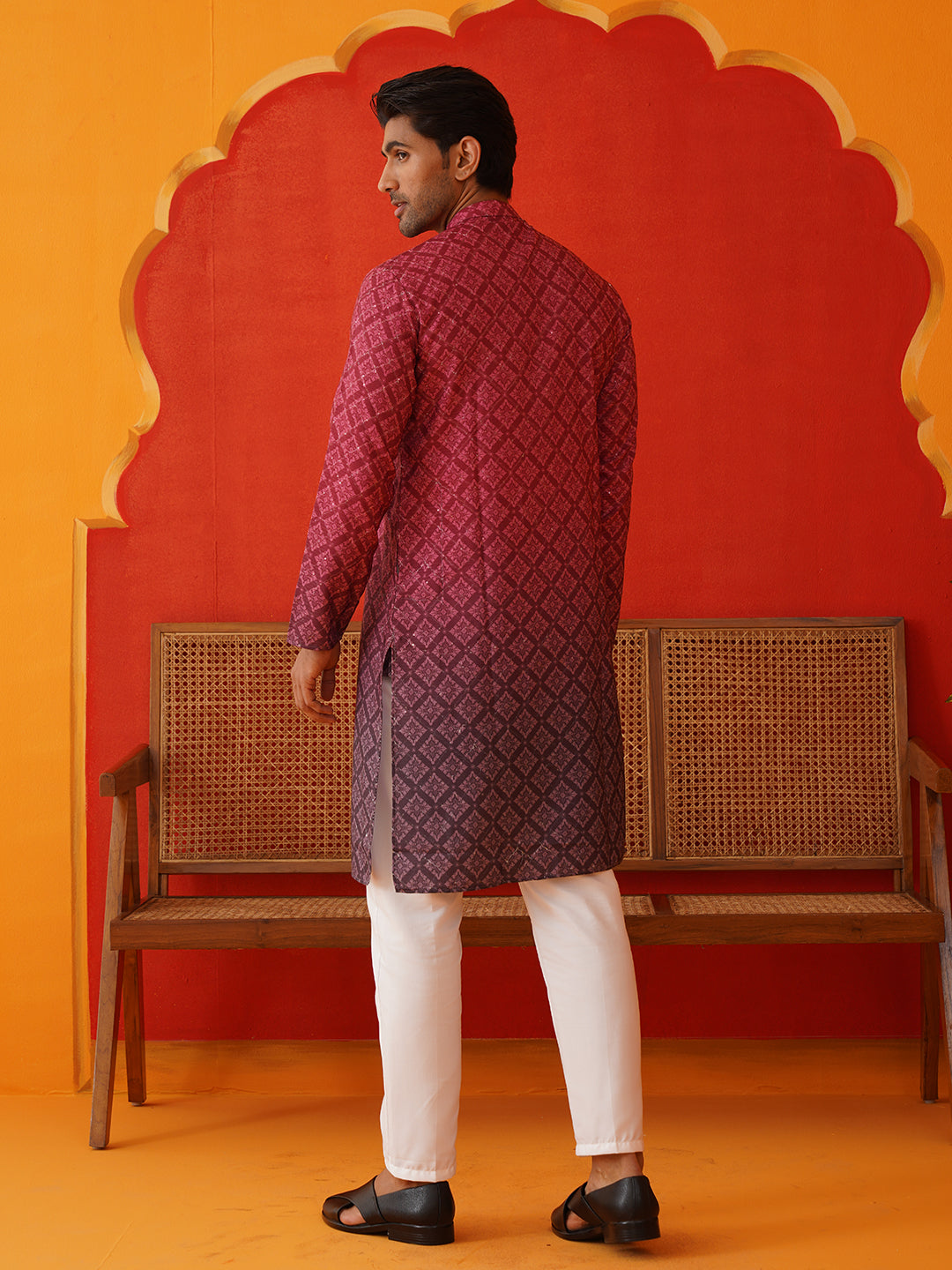 Jompers - Maroon Ombre Printed Kurta Pyjama Set For Men ( JOKP P 5074Maroon )