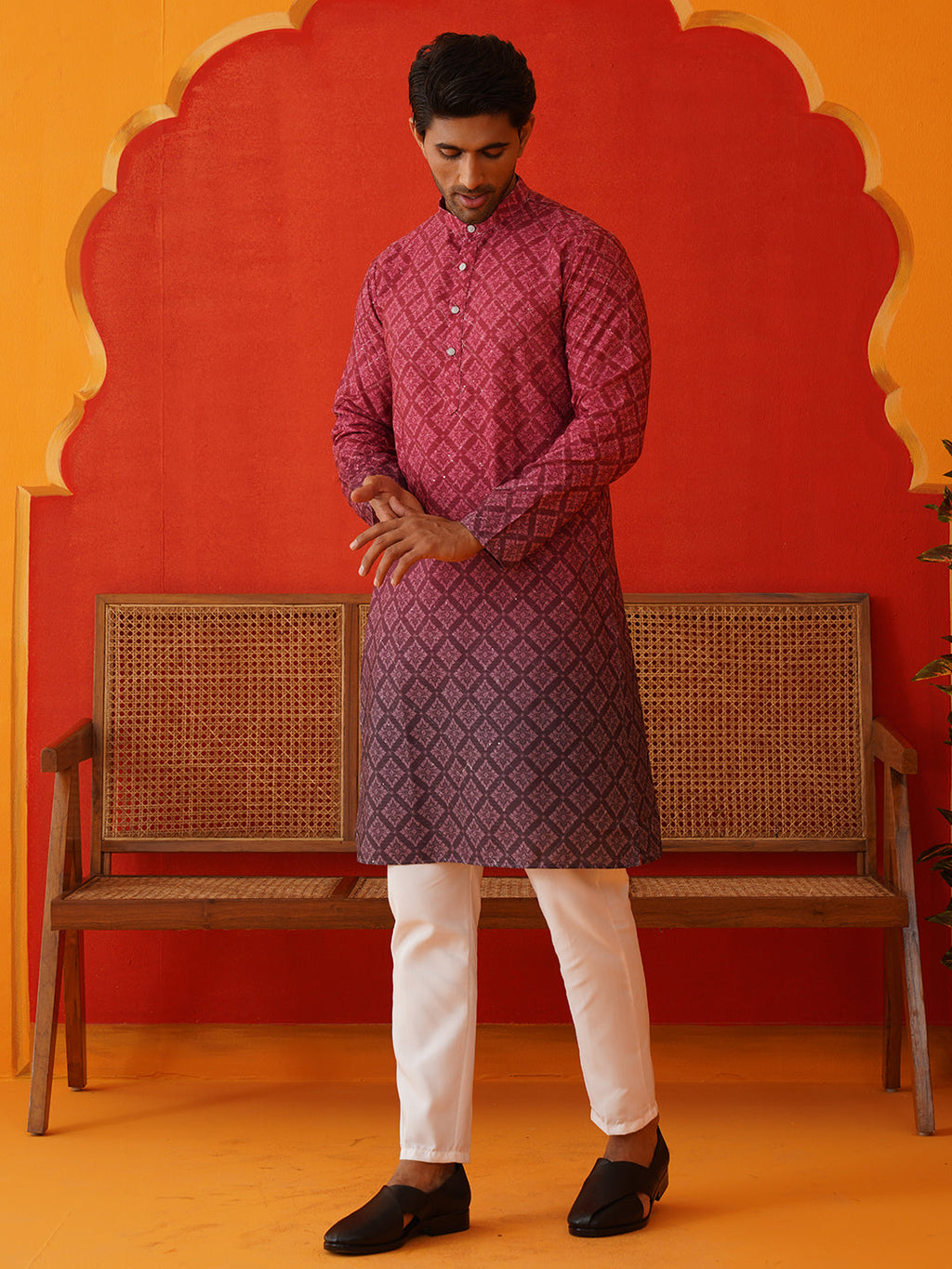 Jompers - Maroon Ombre Printed Kurta Pyjama Set For Men ( JOKP P 5074Maroon )