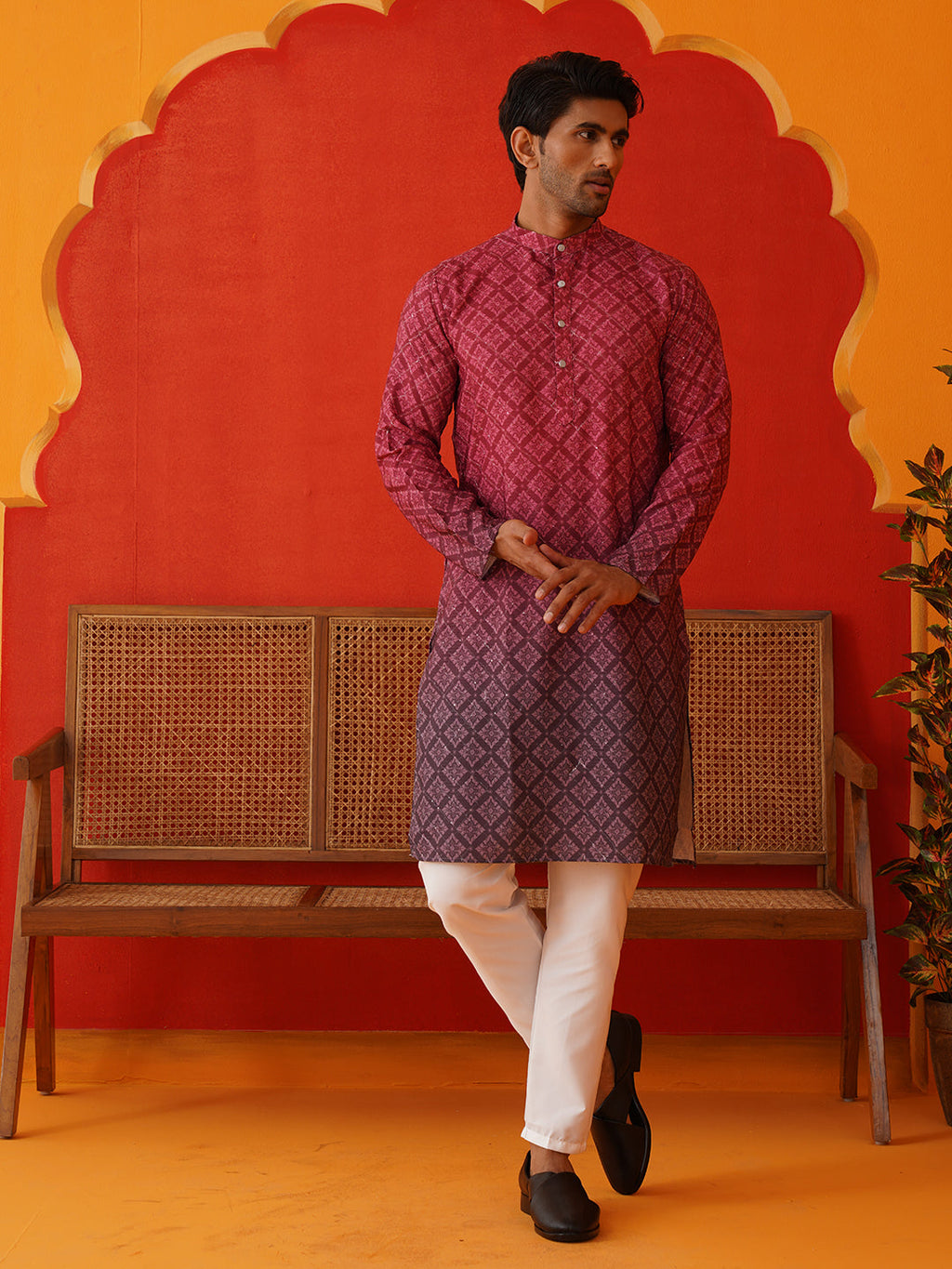 Jompers - Maroon Ombre Printed Kurta Pyjama Set For Men ( JOKP P 5074Maroon )
