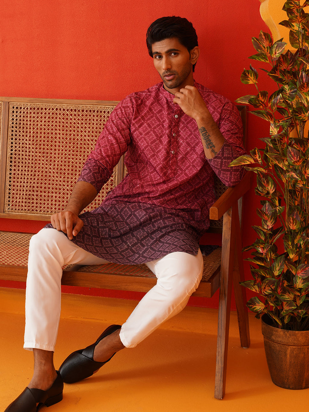 Jompers - Maroon Ombre Printed Kurta Pyjama Set For Men ( JOKP P 5074Maroon )