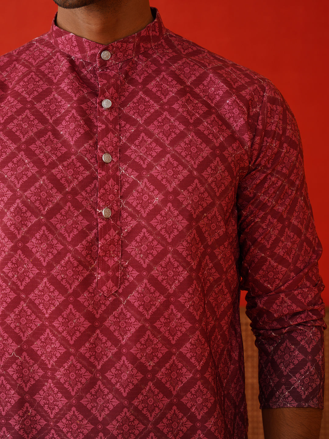 Jompers - Maroon Ombre Printed Kurta Pyjama Set For Men ( JOKP P 5074Maroon )