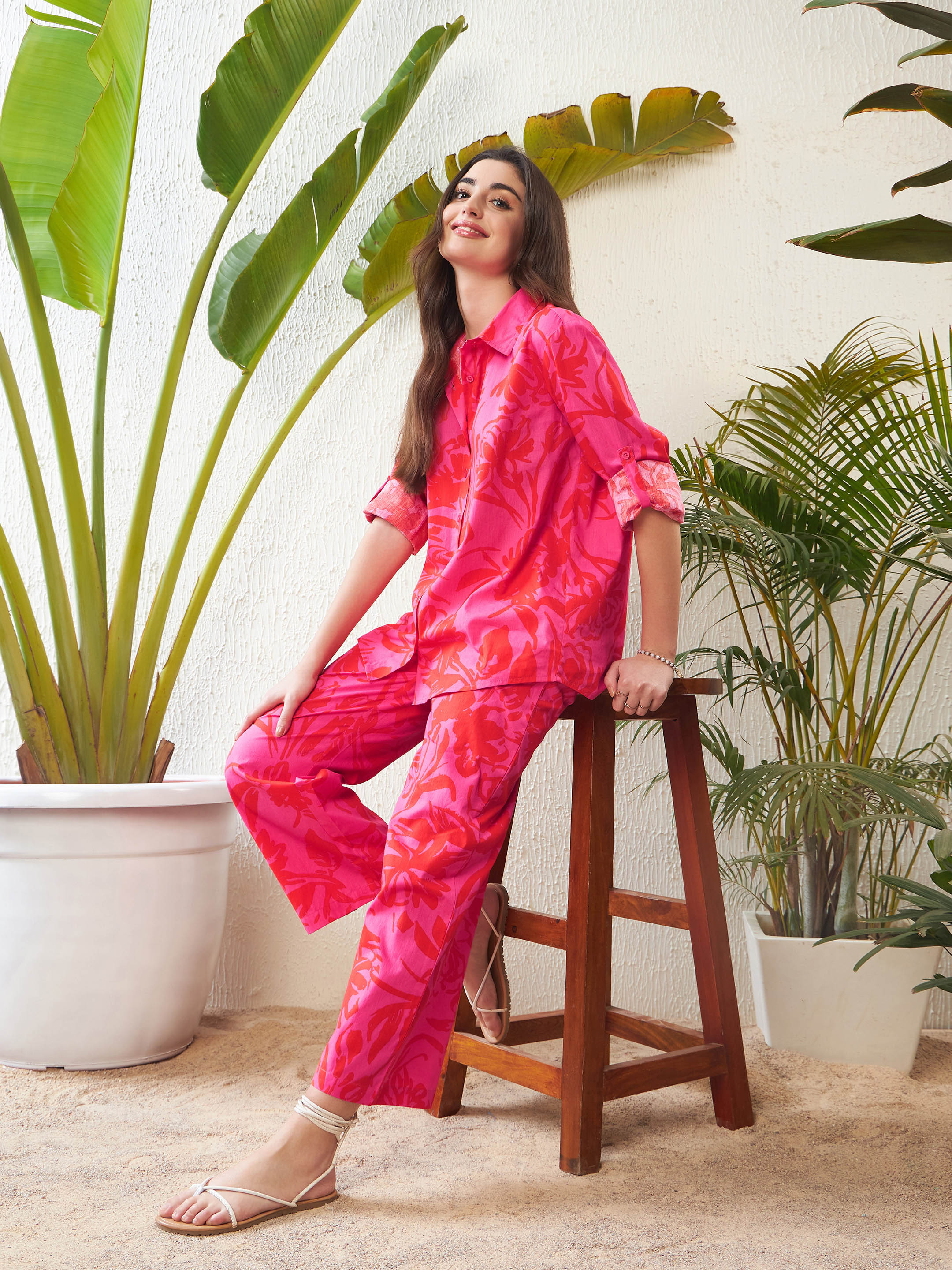 women magenta floral shirt with lounge pants sfsets95856