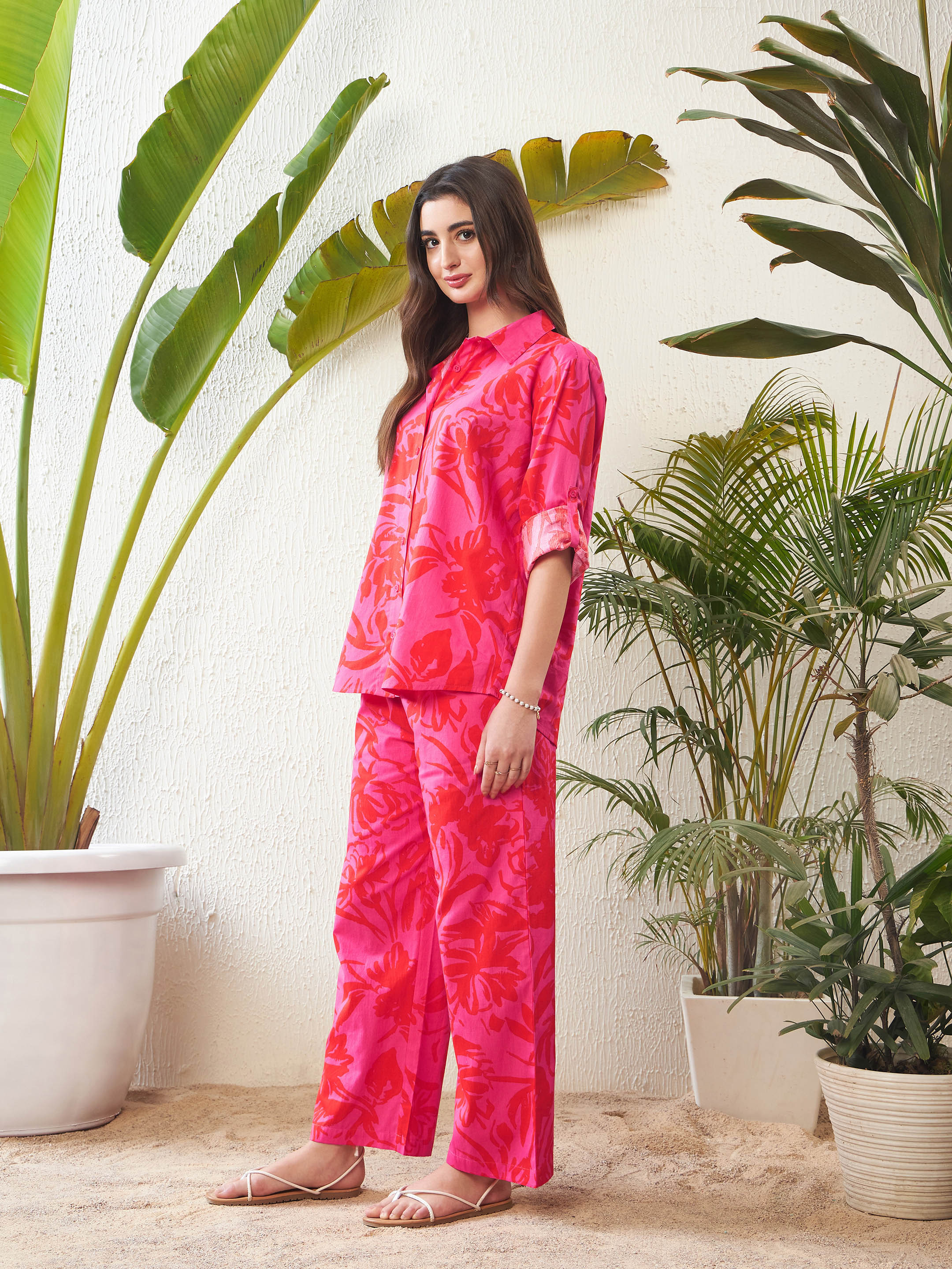 women magenta floral shirt with lounge pants sfsets95856
