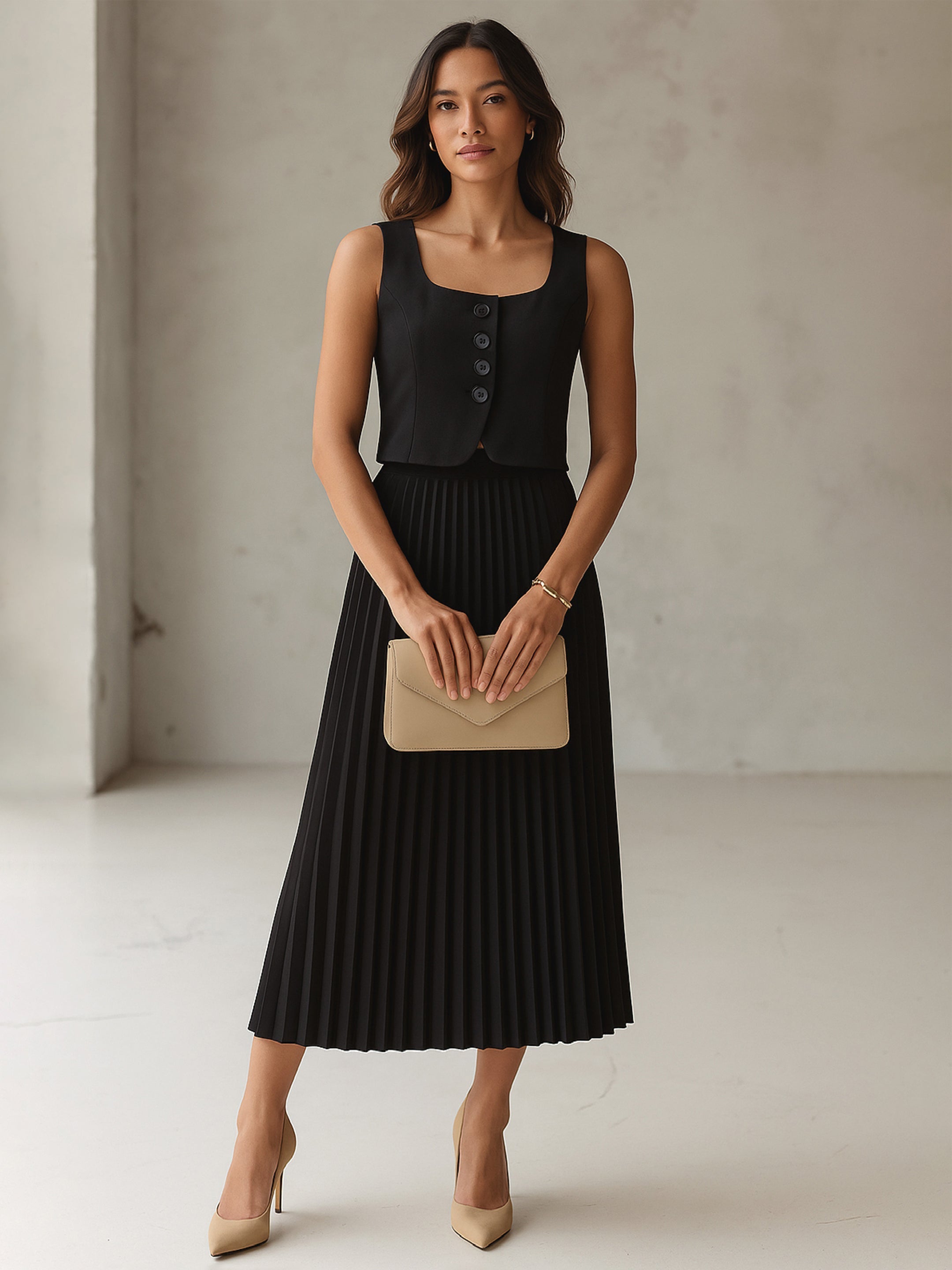 Women Black Sleeveless Waistcoat With Midi Skirt
