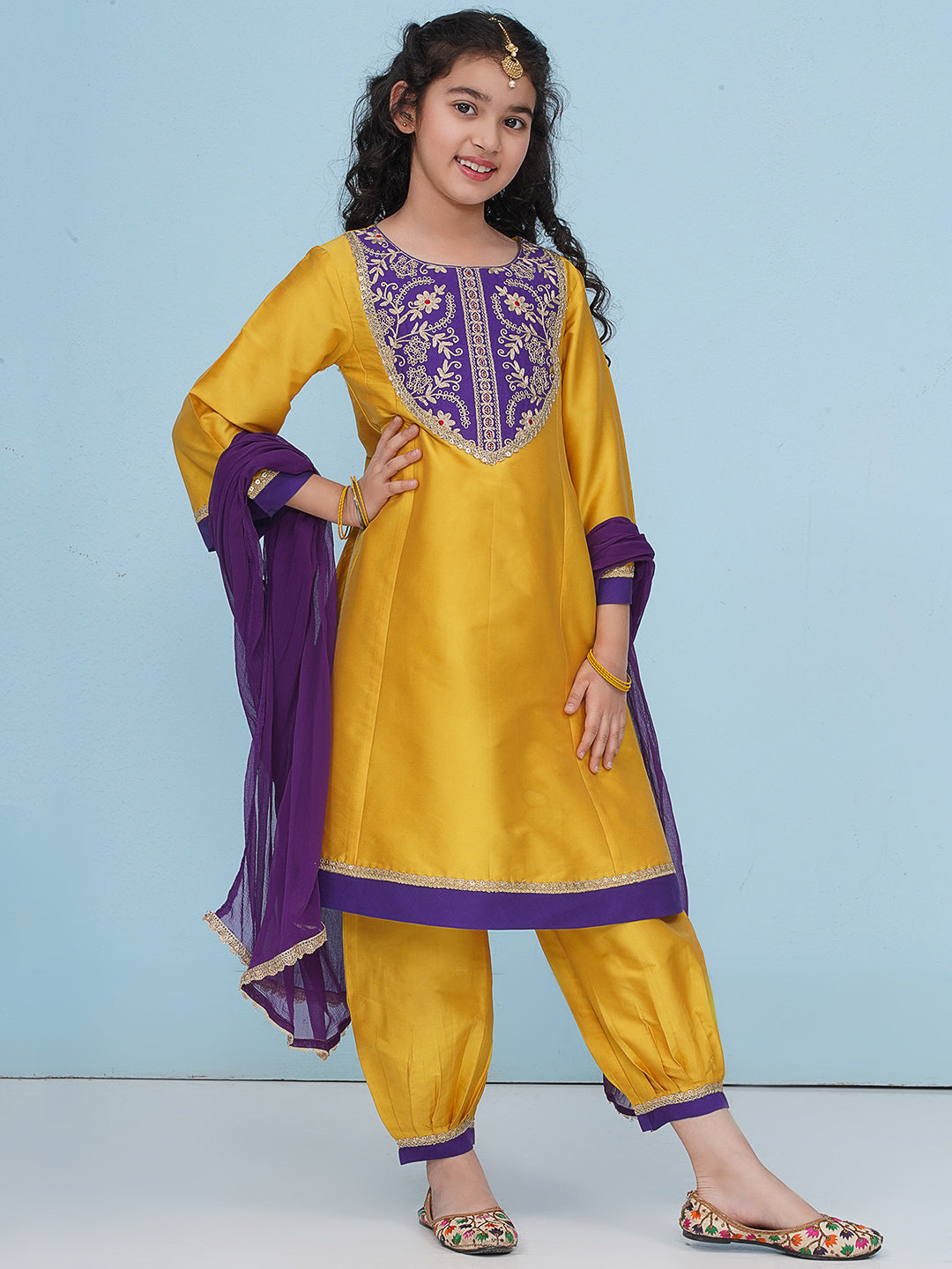 Bitiya by Bhama - Solid Three-Fourth Sleeves Above Knee Length Silk Kurta & Salwar With Dupatta - Yellow