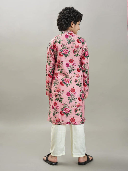 Bittu By Bhama - Boys Peach floral printed  kurta with a off  white pajama