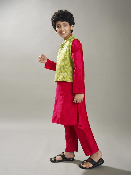 Boys off Pink kurta pajama with a green jacquard booti jacket