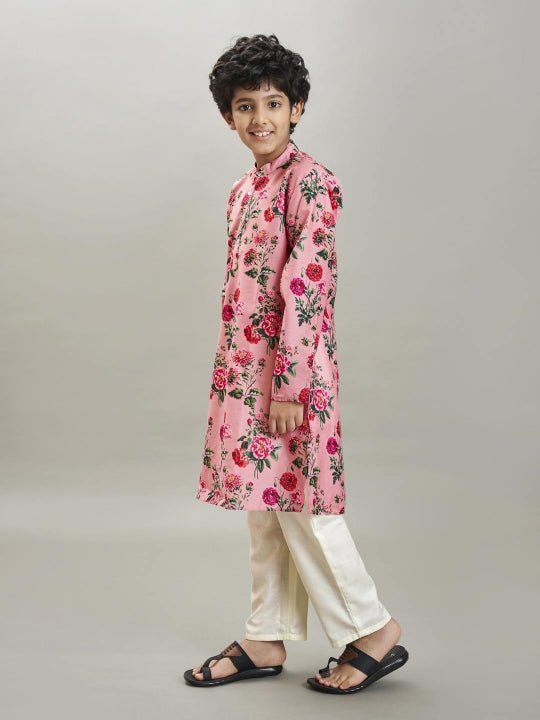 Bittu By Bhama - Boys Peach floral printed  kurta with a off  white pajama