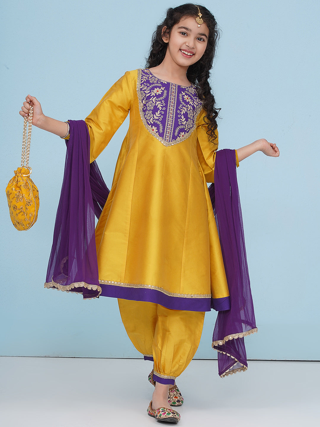 Bitiya by Bhama - Solid Three-Fourth Sleeves Above Knee Length Silk Kurta & Salwar With Dupatta - Yellow