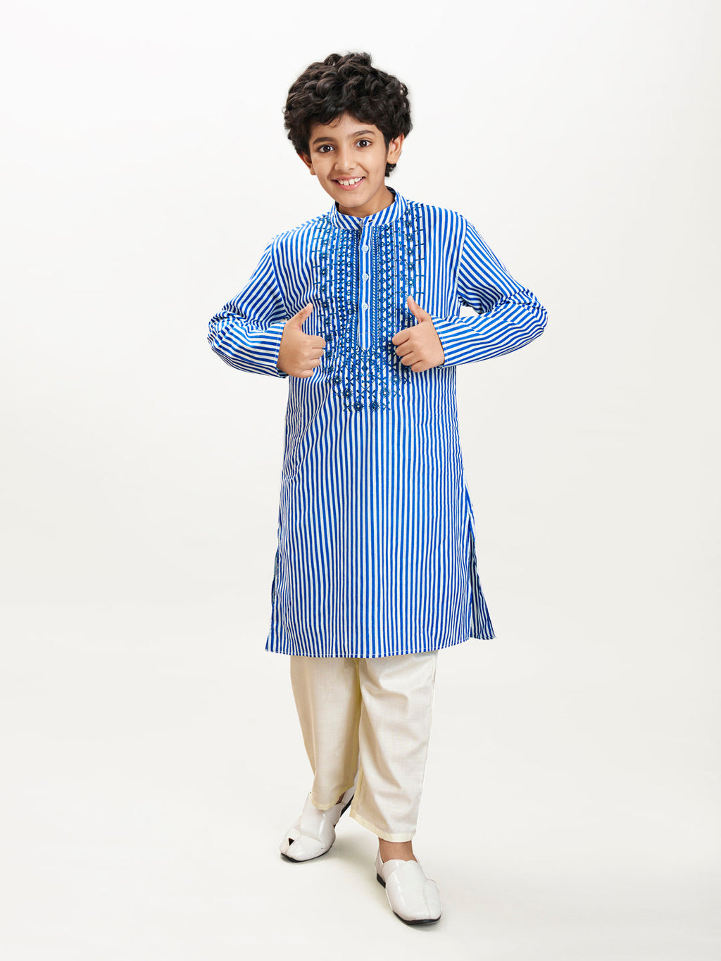 Boys blue white stripe embroidery kurta with a off  white pajama