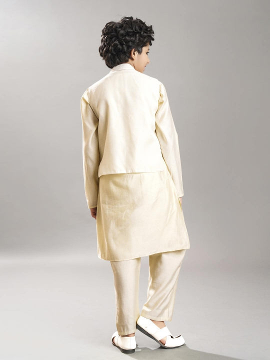 Boys off white kurta pajama with  modal booti embroidery  jacket