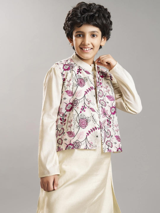 Boys off white kurta pajama with  modal booti embroidery  jacket