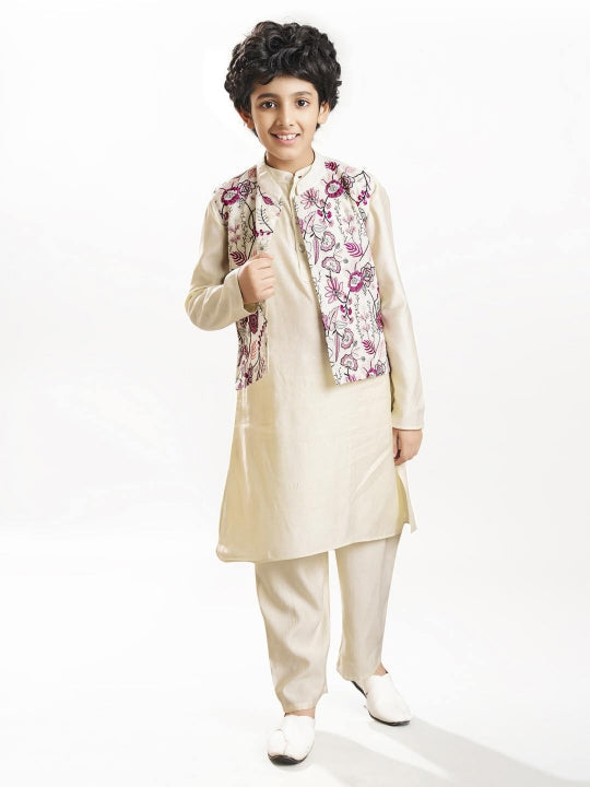 Boys off white kurta pajama with  modal booti embroidery  jacket