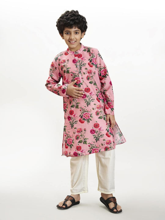 Bittu By Bhama - Boys Peach floral printed  kurta with a off  white pajama