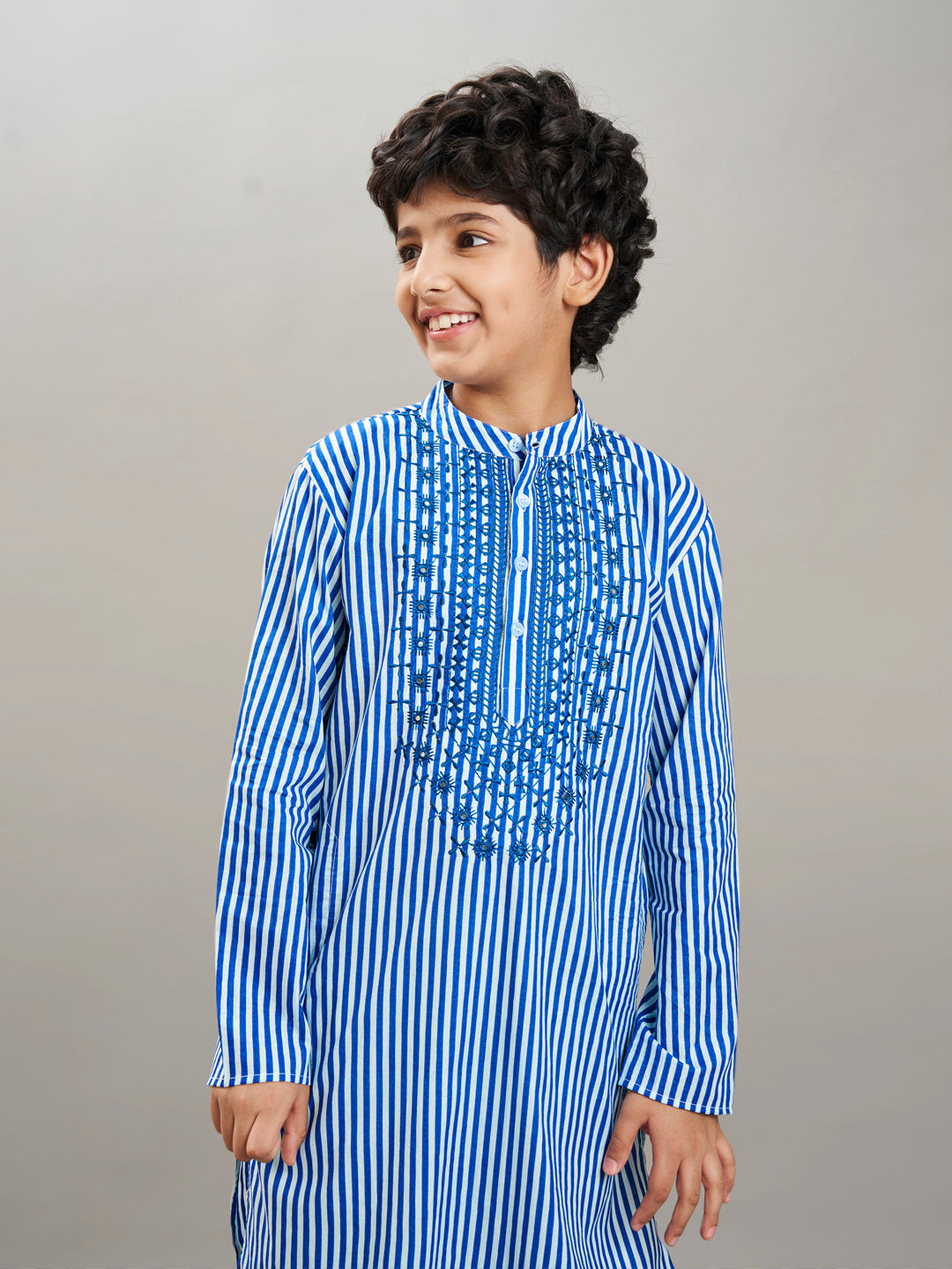 Boys blue white stripe embroidery kurta with a off  white pajama