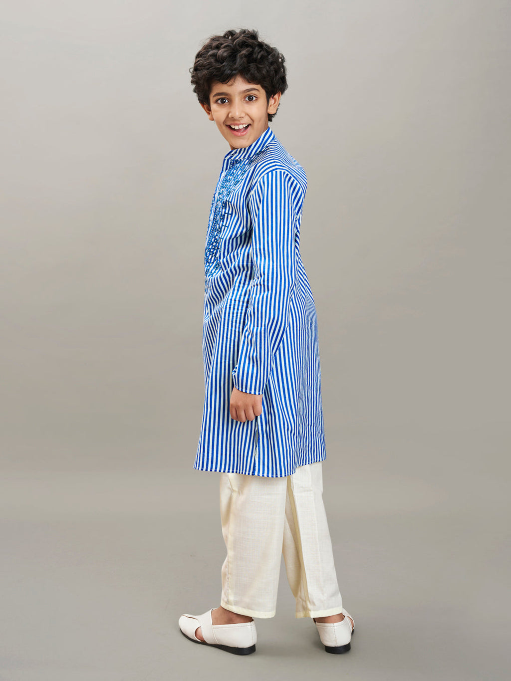 Boys blue white stripe embroidery kurta with a off  white pajama