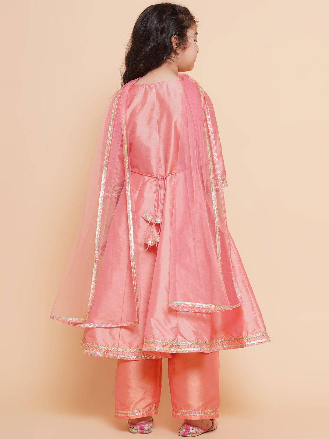 Bitiya by Bhama - Placement Embroidered Three-Fourth Sleeves Above Knee Length Silk Kurta & Trouser With Dupatta - Peach