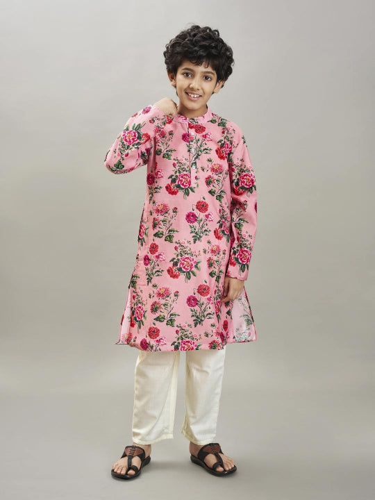 Bittu By Bhama - Boys Peach floral printed  kurta with a off  white pajama