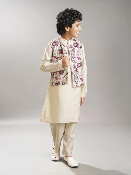 Boys off white kurta pajama with  modal booti embroidery  jacket