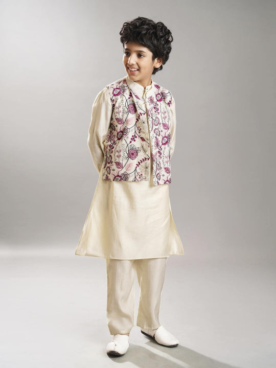Boys off white kurta pajama with  modal booti embroidery  jacket