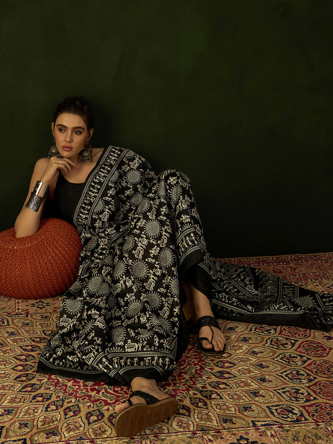 Women's Bhagalpuri Silk Black Printed Designer Saree With Blouse Piece