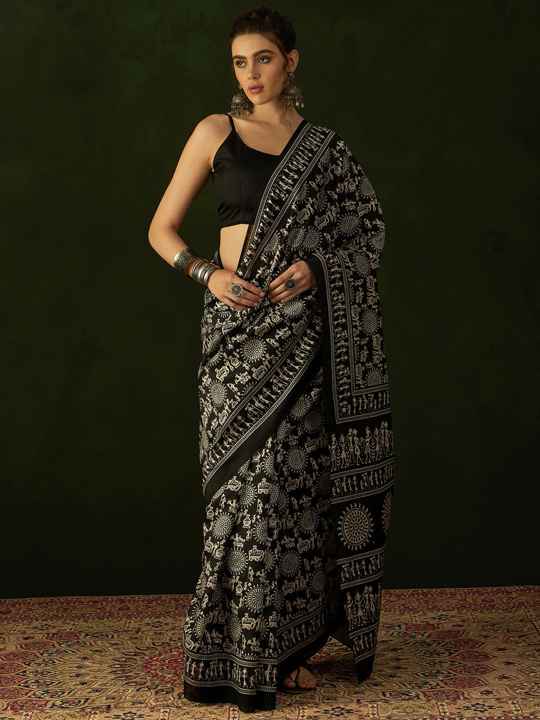 Women's Bhagalpuri Silk Black Printed Designer Saree With Blouse Piece