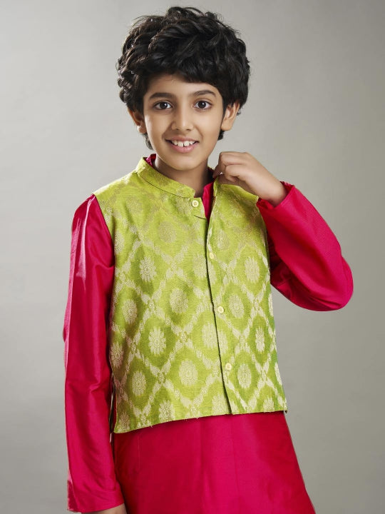 Boys off Pink kurta pajama with a green jacquard booti jacket