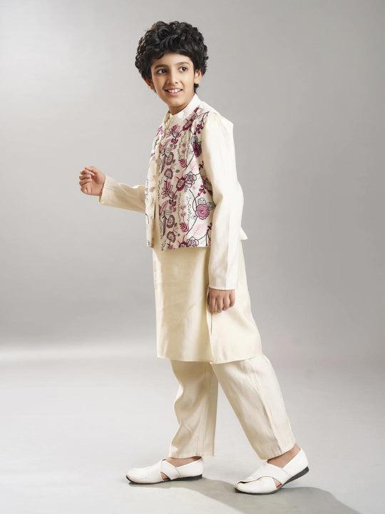 Boys off white kurta pajama with  modal booti embroidery  jacket