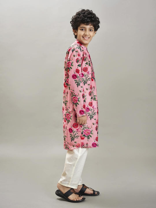 Bittu By Bhama - Boys Peach floral printed  kurta with a off  white pajama