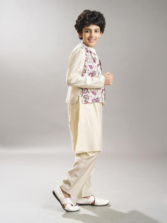 Boys off white kurta pajama with  modal booti embroidery  jacket