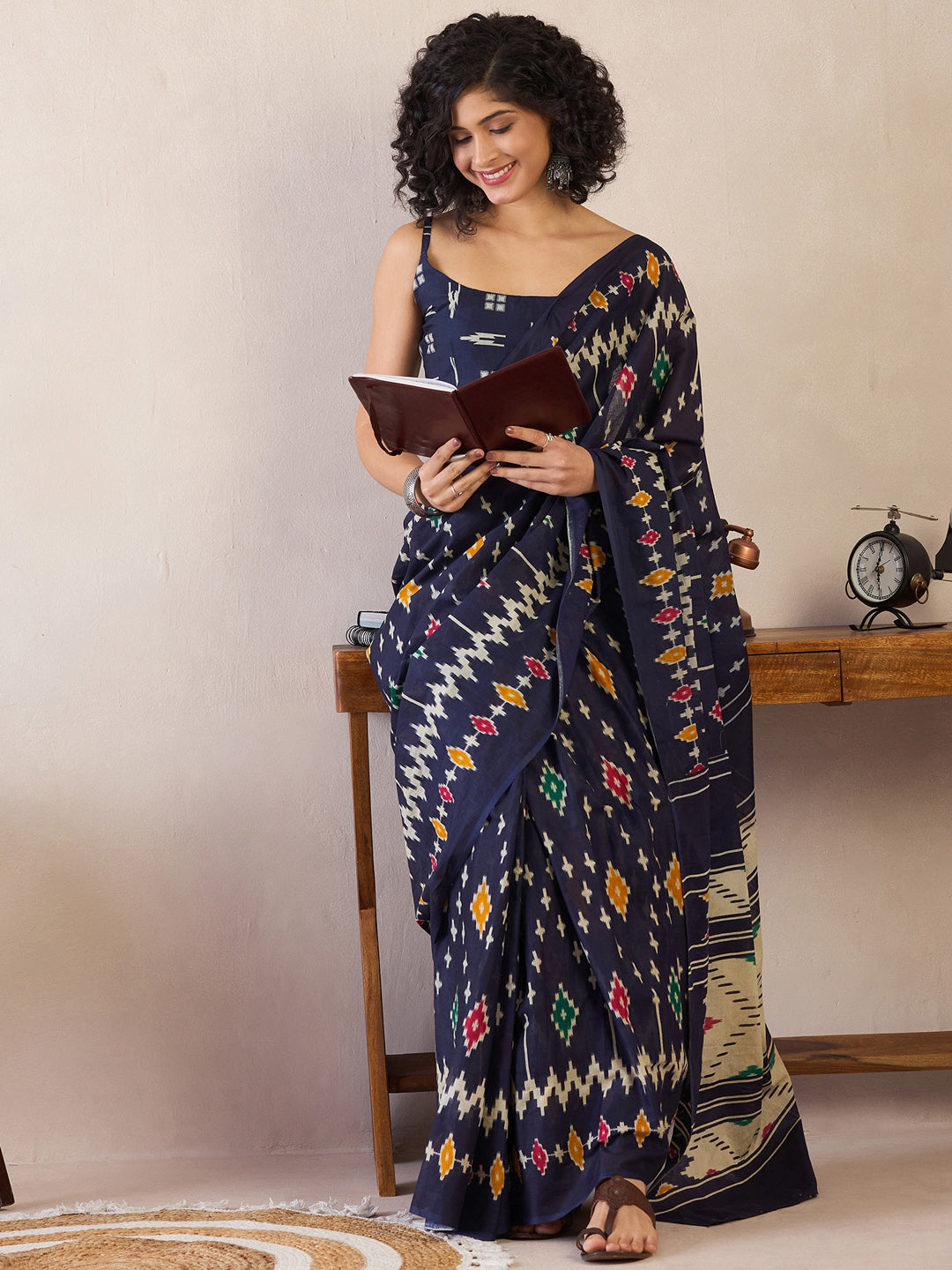 Women's Cotton Navy Blue Printed Ready to Wear With Blouse Piece