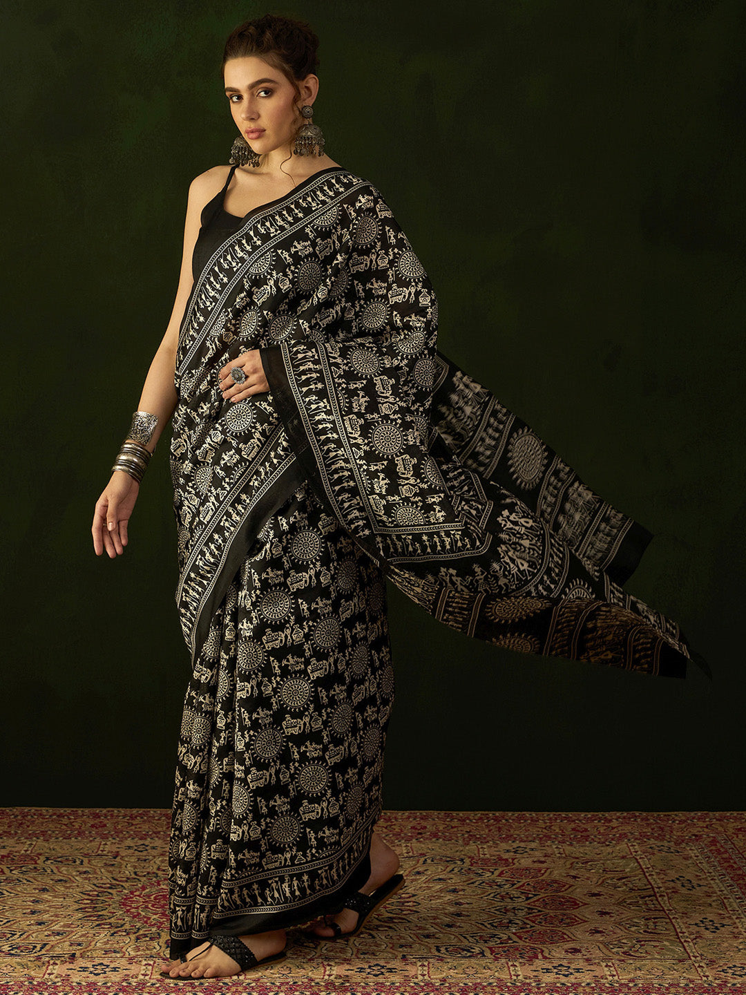 Women's Bhagalpuri Silk Black Printed Designer Saree With Blouse Piece