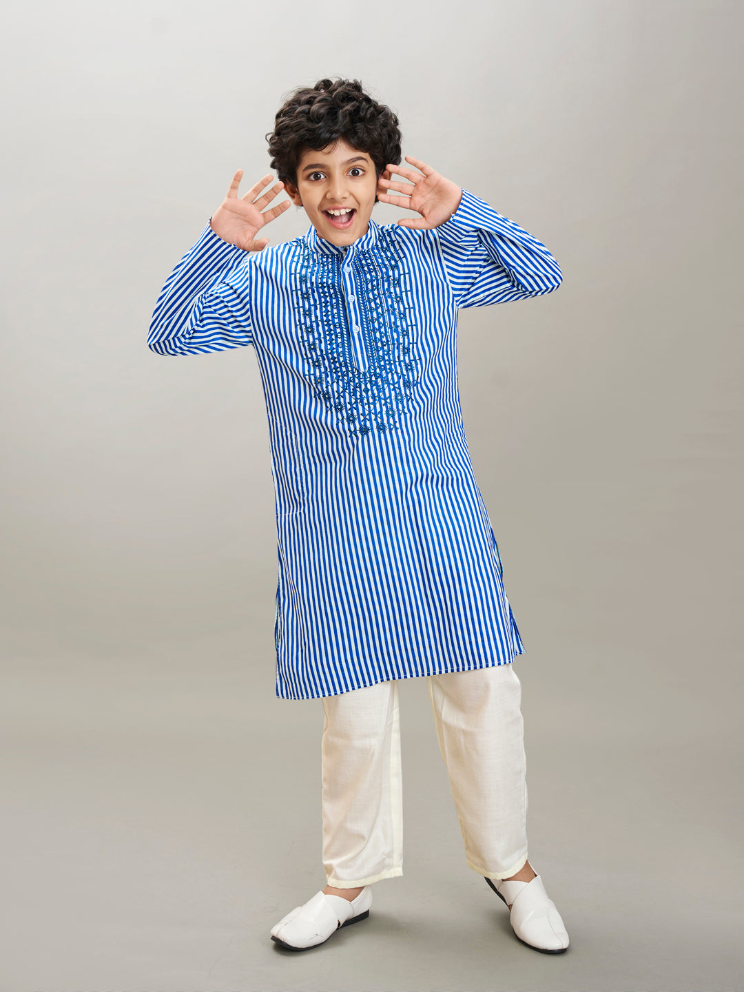 Boys blue white stripe embroidery kurta with a off  white pajama